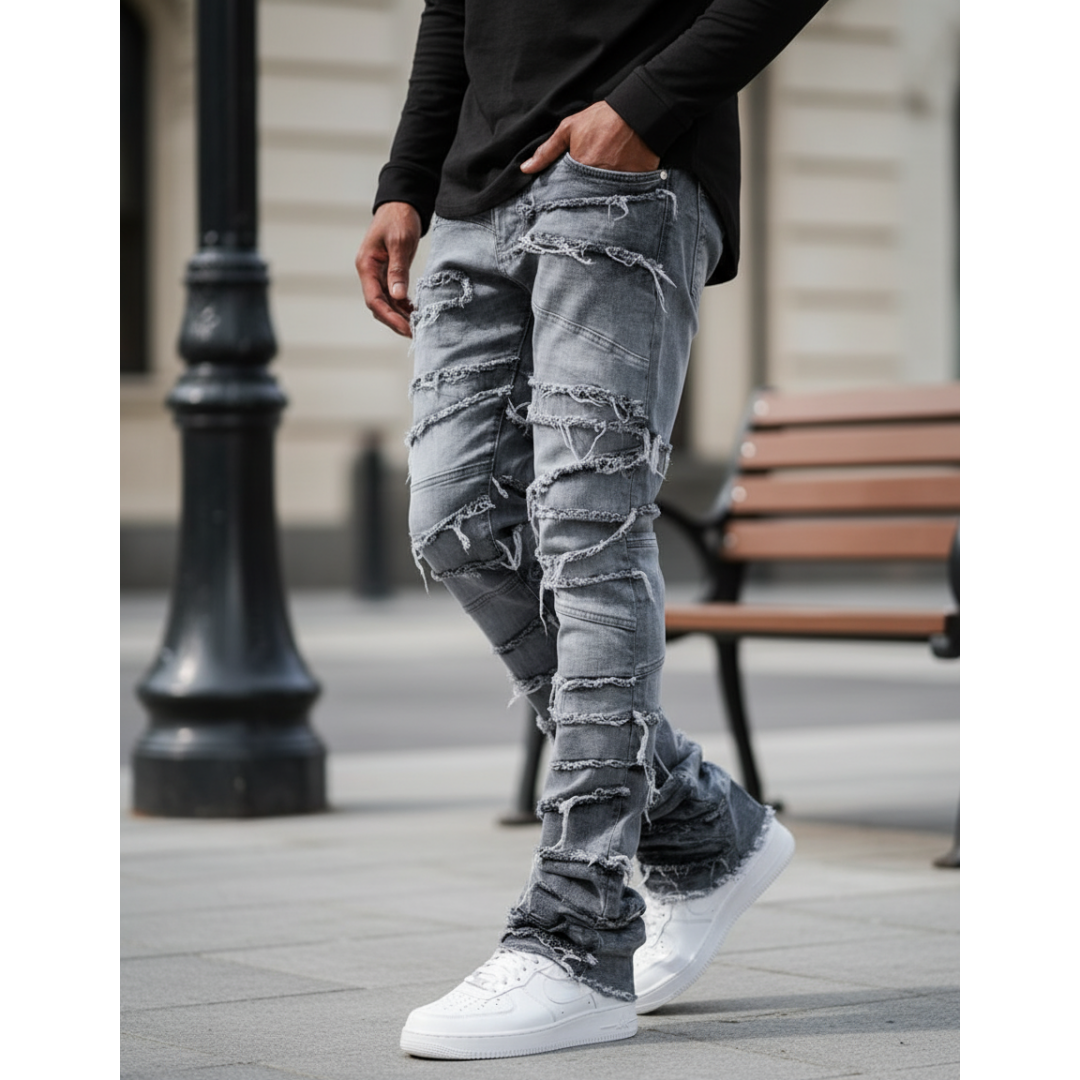 Men's Grey Stacked Jeans — Frayed Panel Slim Straight Denim, view 4
