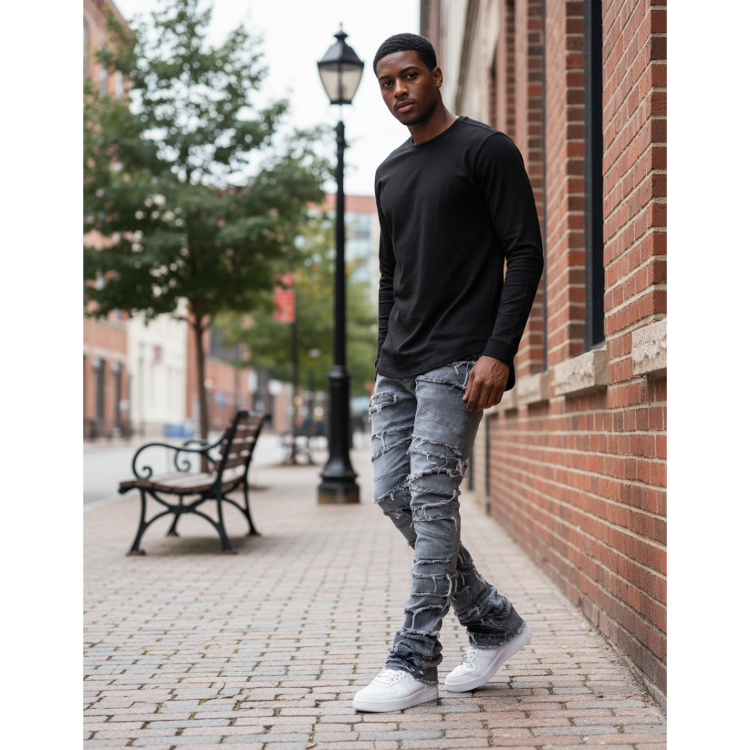 Men's Grey Stacked Jeans — Frayed Panel Slim Straight Denim, view 5