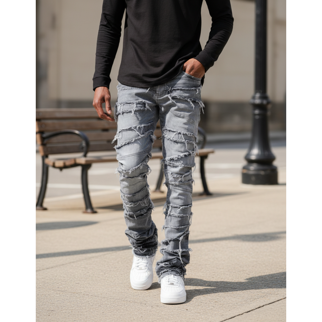 Men's Grey Stacked Jeans — Frayed Panel Slim Straight Denim, view 6