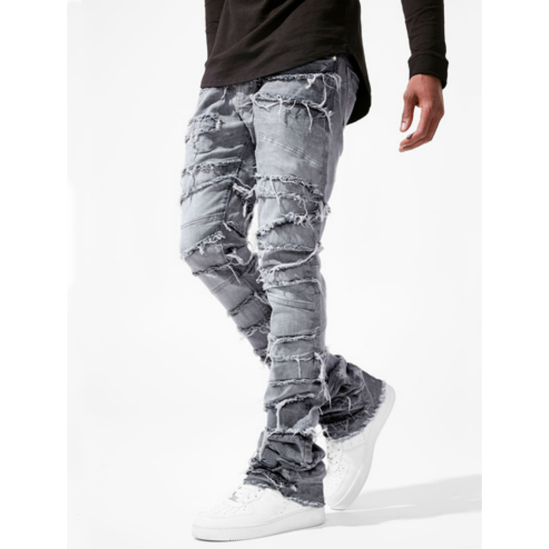 Men's Grey Stacked Jeans — Frayed Panel Slim Straight Denim