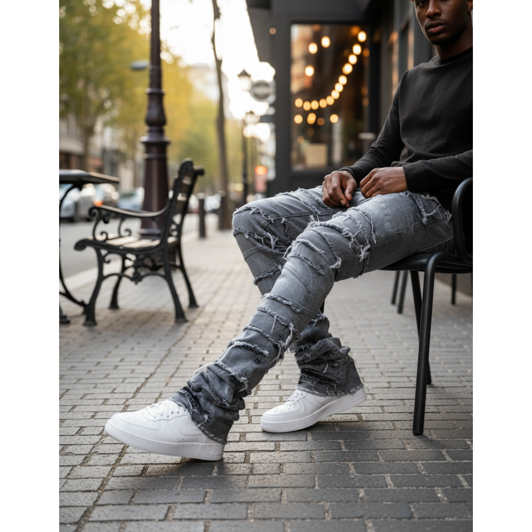 Men's Grey Stacked Jeans — Frayed Panel Slim Straight Denim, view 8