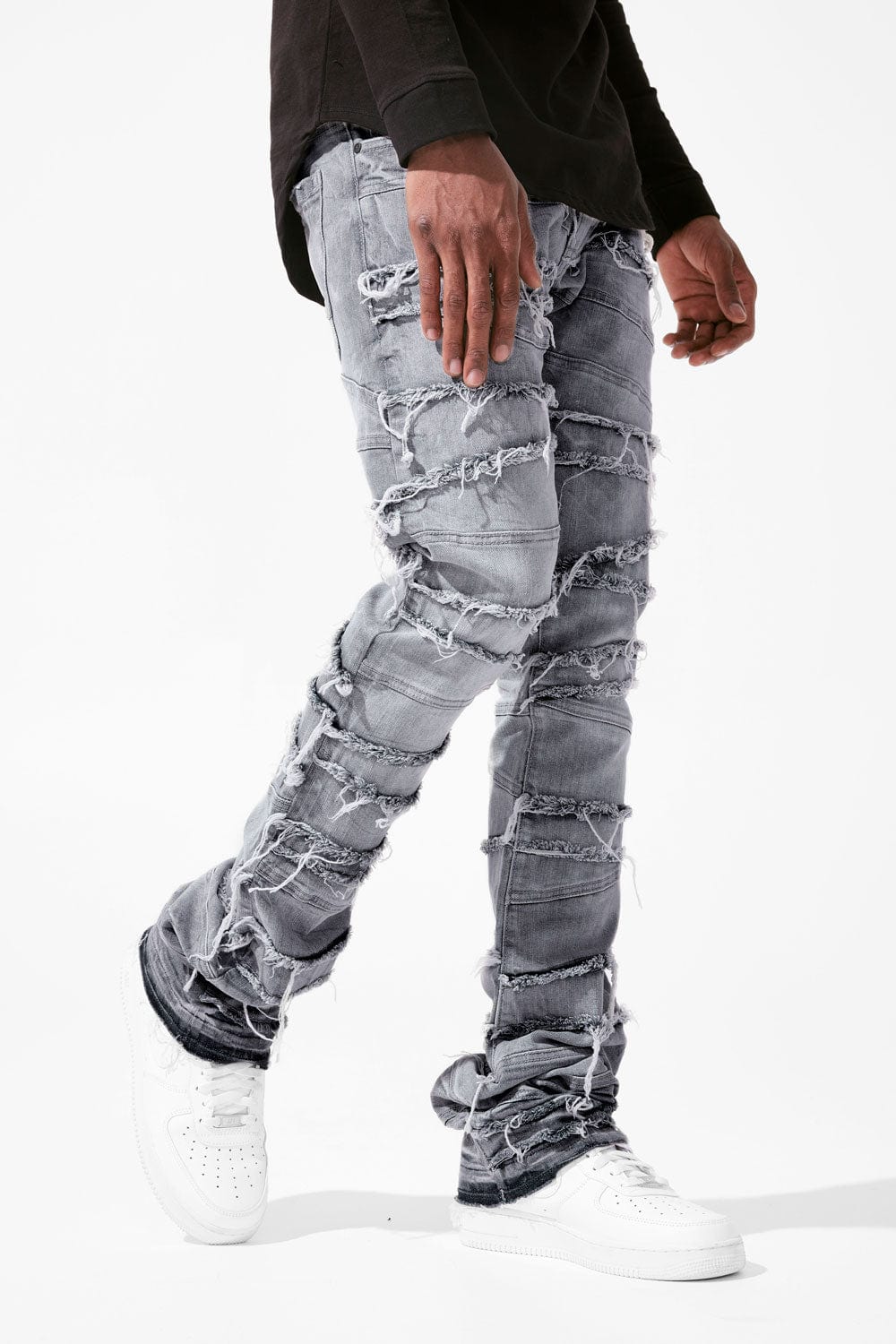 Men's Grey Stacked Jeans — Frayed Panel Slim Straight Denim, view 2