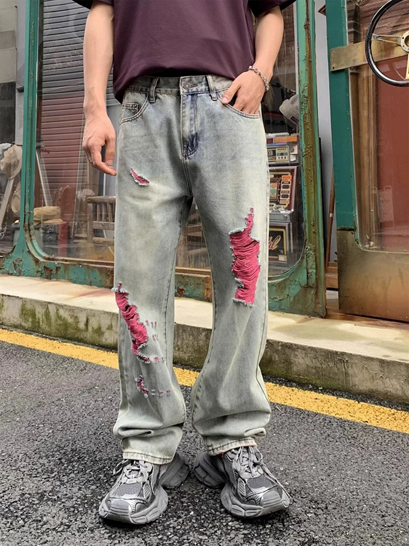 Men's Distressed Straight Leg Jeans — Faded Wash, Pink Rip Backing