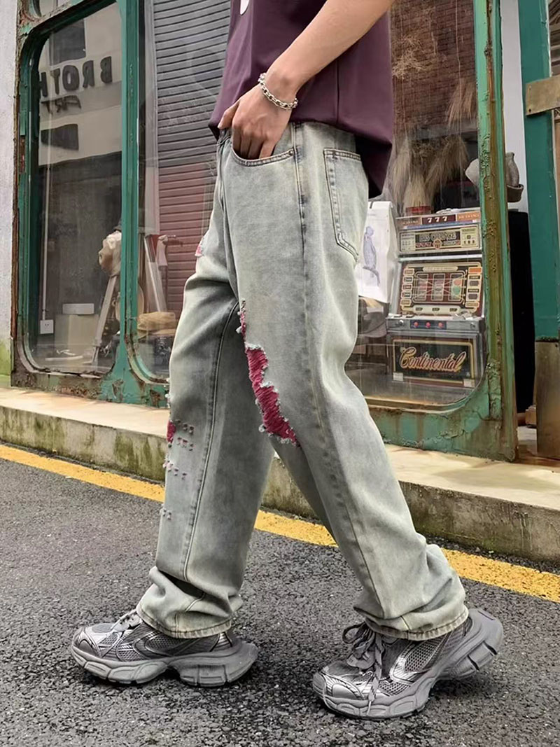 Men's Distressed Straight Leg Jeans — Faded Wash, Pink Rip Backing, view 2