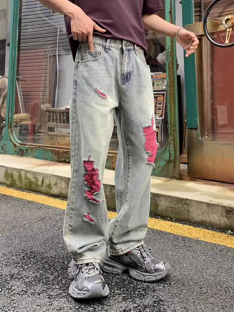 Men's Distressed Straight Leg Jeans — Faded Wash, Pink Rip Backing, view 4