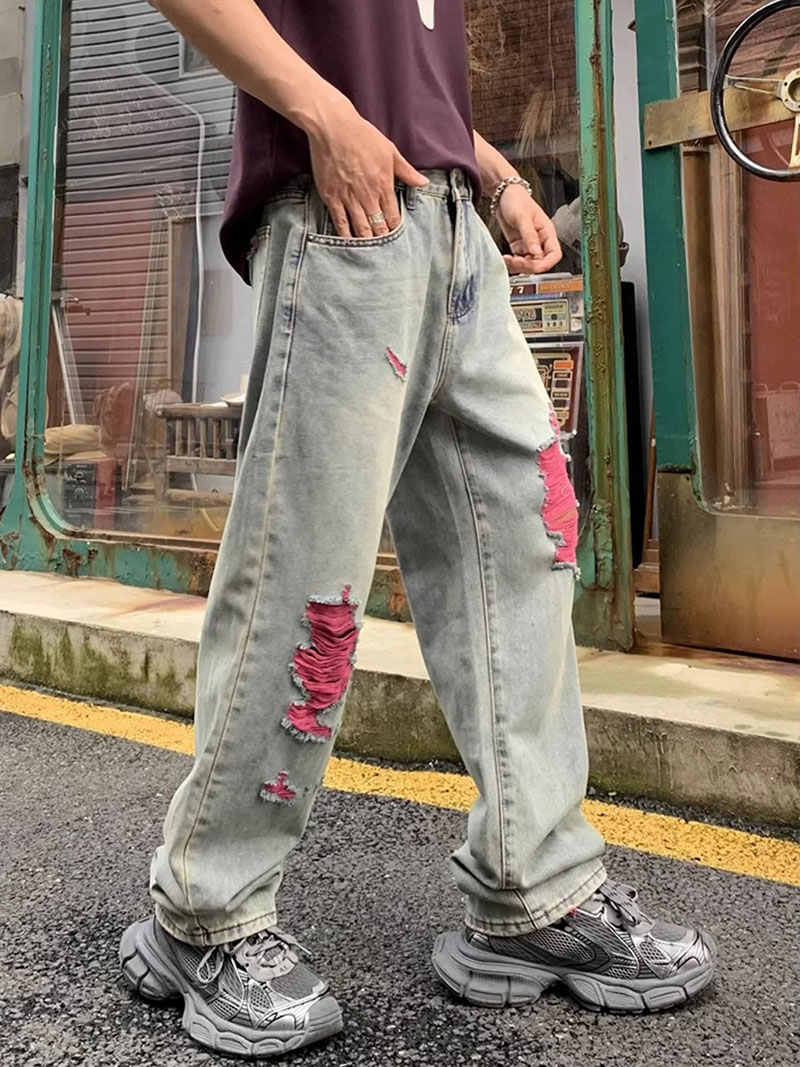 Men's Distressed Straight Leg Jeans — Faded Wash, Pink Rip Backing, view 5