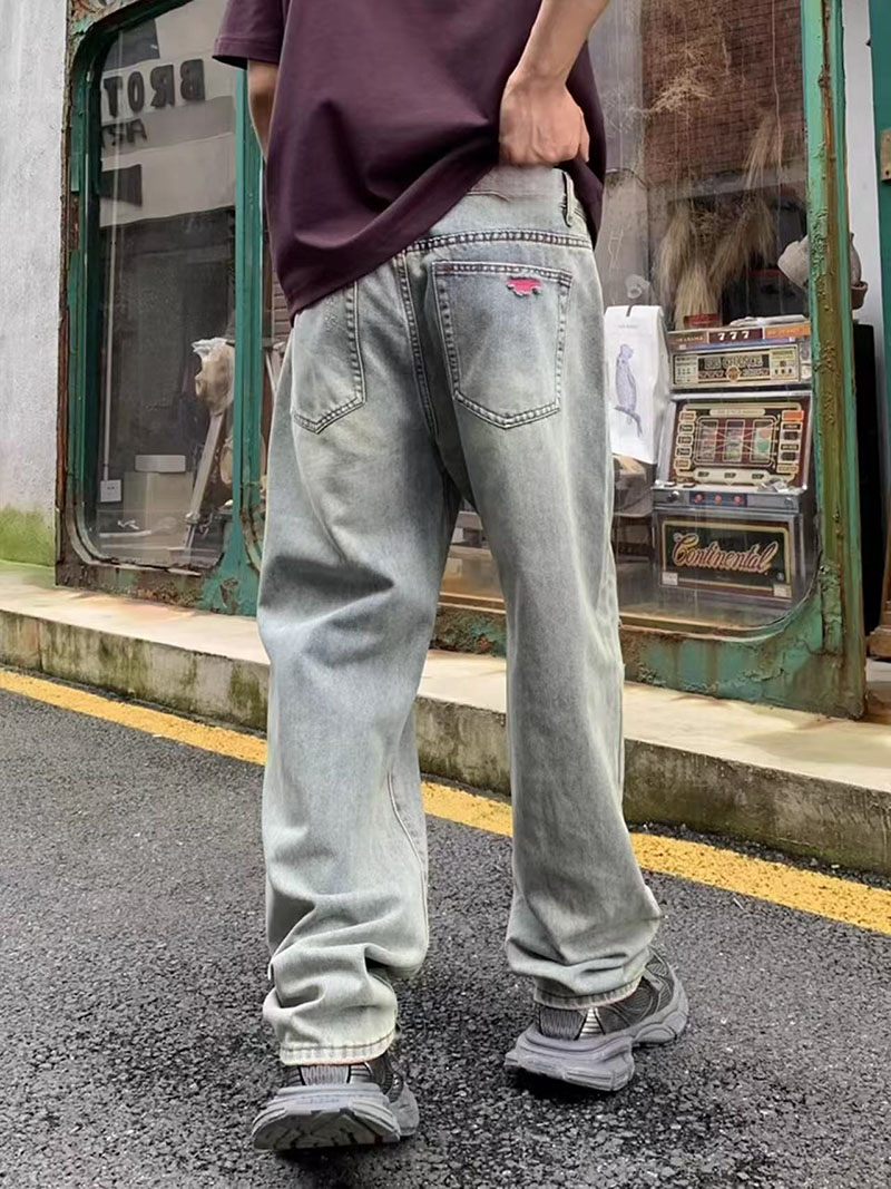 Men's Distressed Straight Leg Jeans — Faded Wash, Pink Rip Backing, view 6