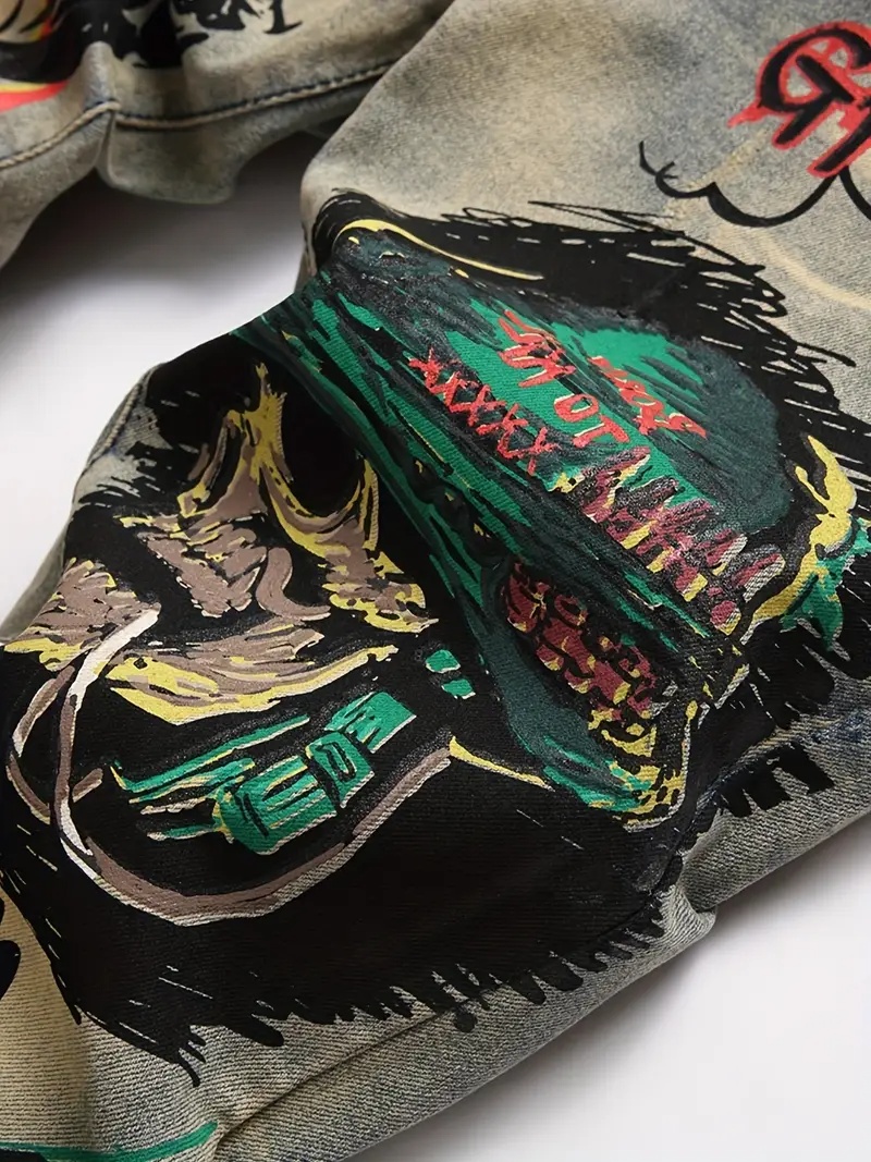 Men's Skull & Flame Graffiti Jeans —Wear The Artwork  Ripped Knee Stretch Denim, view 4