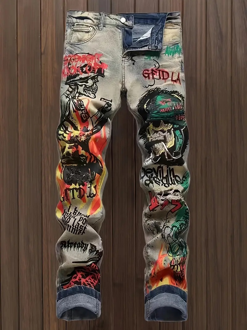 Men's Skull & Flame Graffiti Jeans —Wear The Artwork  Ripped Knee Stretch Denim