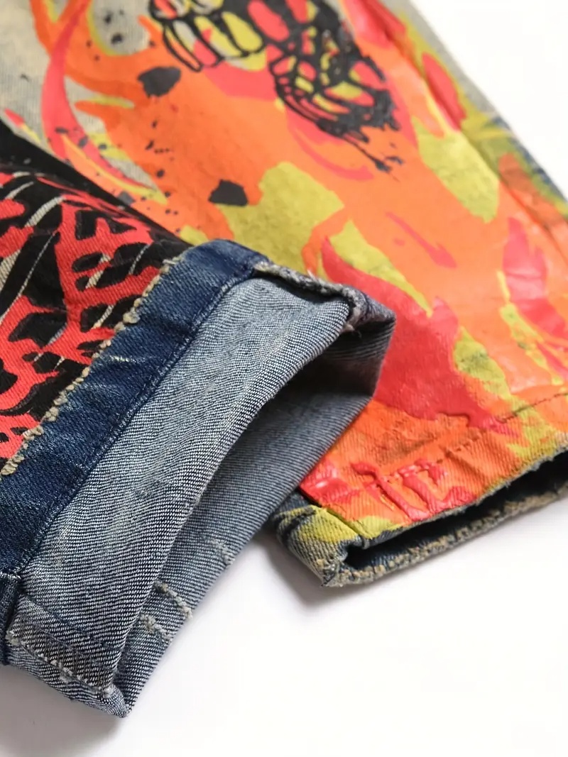 Men's Skull & Flame Graffiti Jeans —Wear The Artwork  Ripped Knee Stretch Denim, view 5