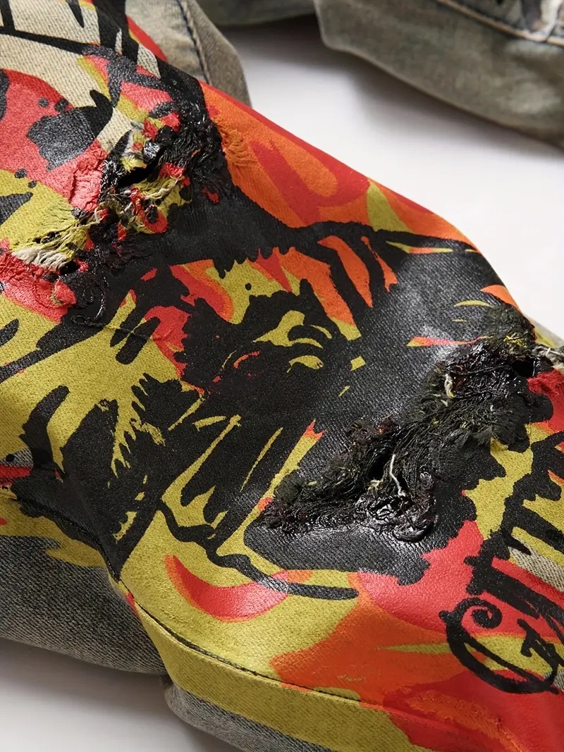 Men's Skull & Flame Graffiti Jeans —Wear The Artwork  Ripped Knee Stretch Denim, view 3