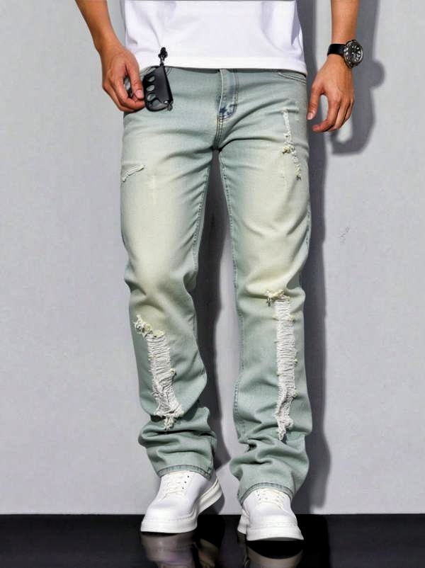 Zip-Hem Stacked Men's Flare Jeans — Light Wash Distressed Denim, view 7