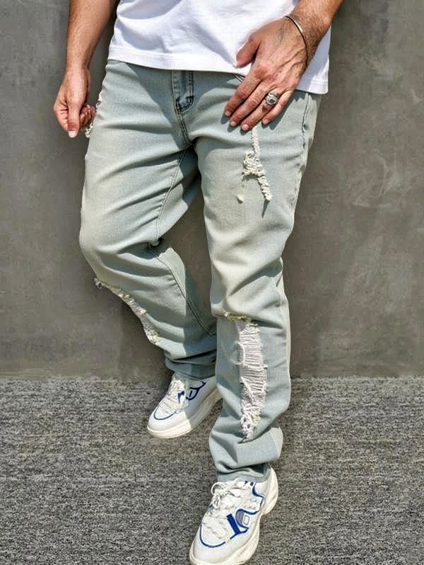 Zip-Hem Stacked Men's Flare Jeans — Light Wash Distressed Denim, view 8