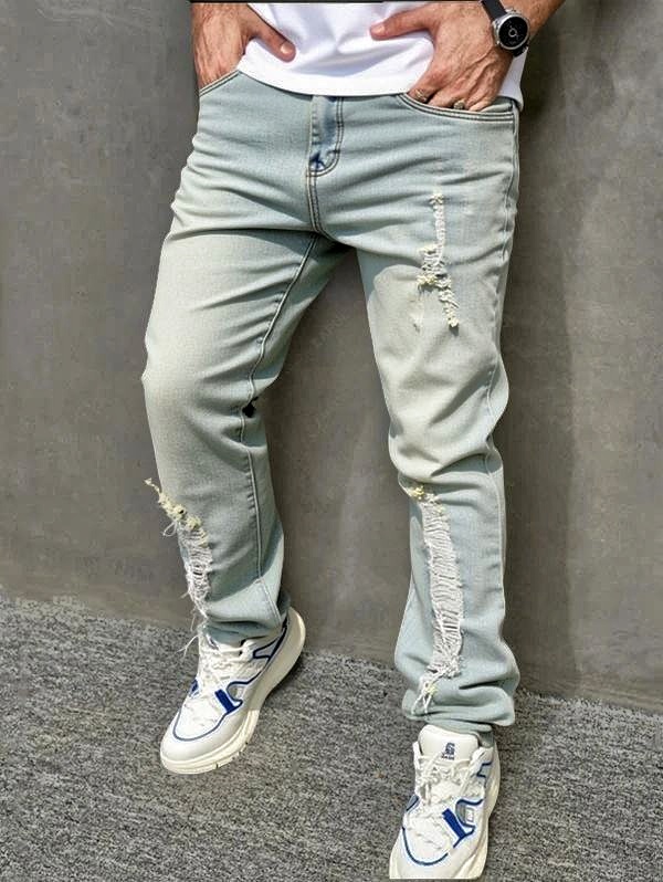Zip-Hem Stacked Men's Flare Jeans — Light Wash Distressed Denim, view 6