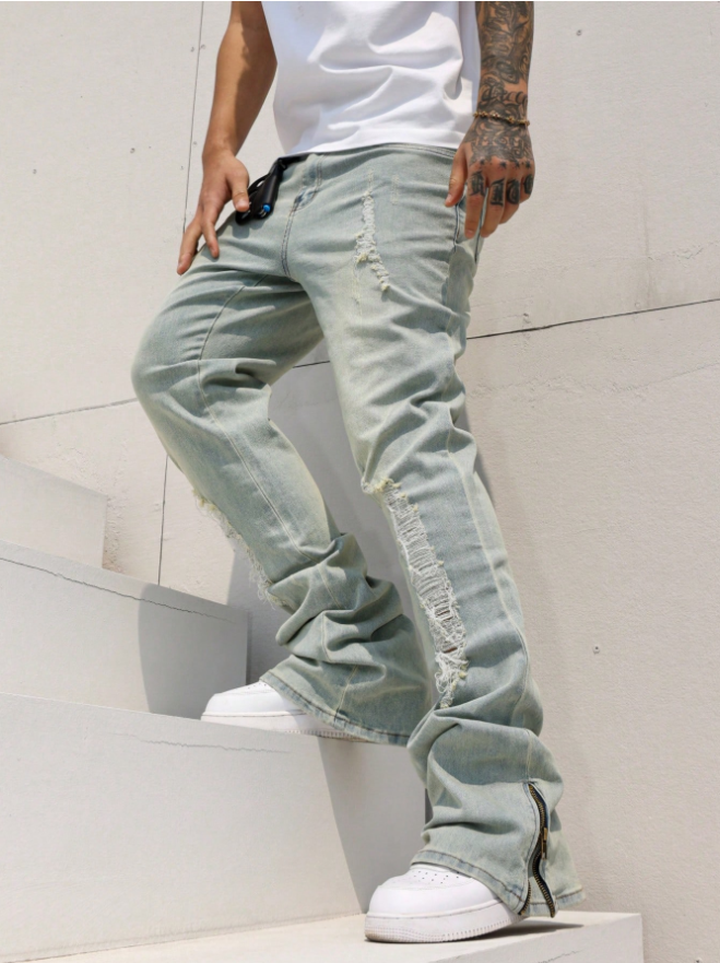 Zip-Hem Stacked Men's Flare Jeans — Light Wash Distressed Denim, view 4