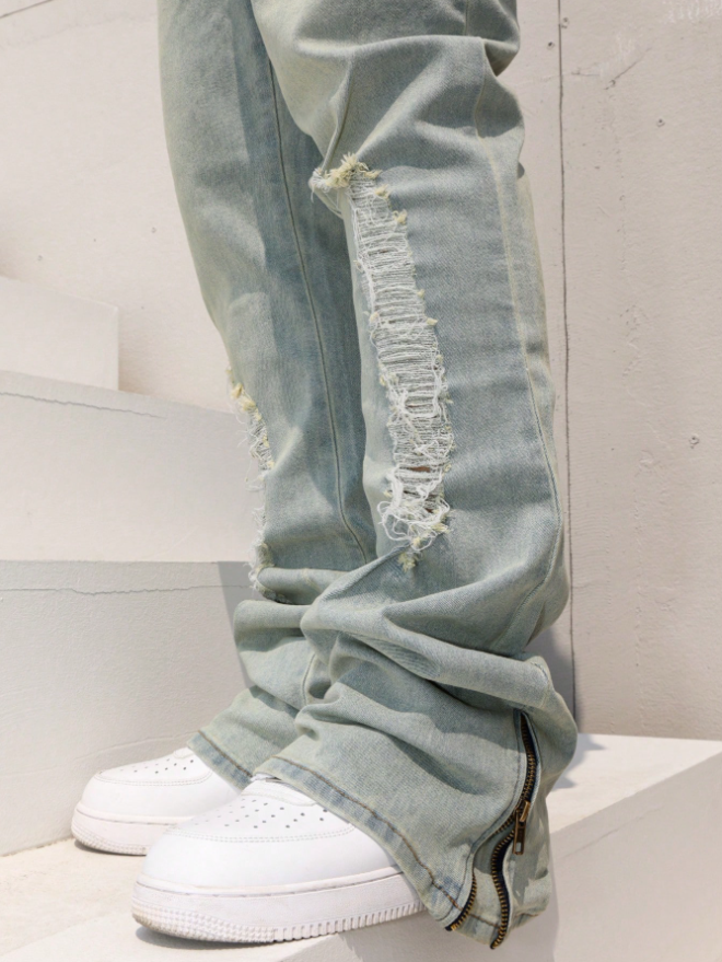 Zip-Hem Stacked Men's Flare Jeans — Light Wash Distressed Denim, view 2