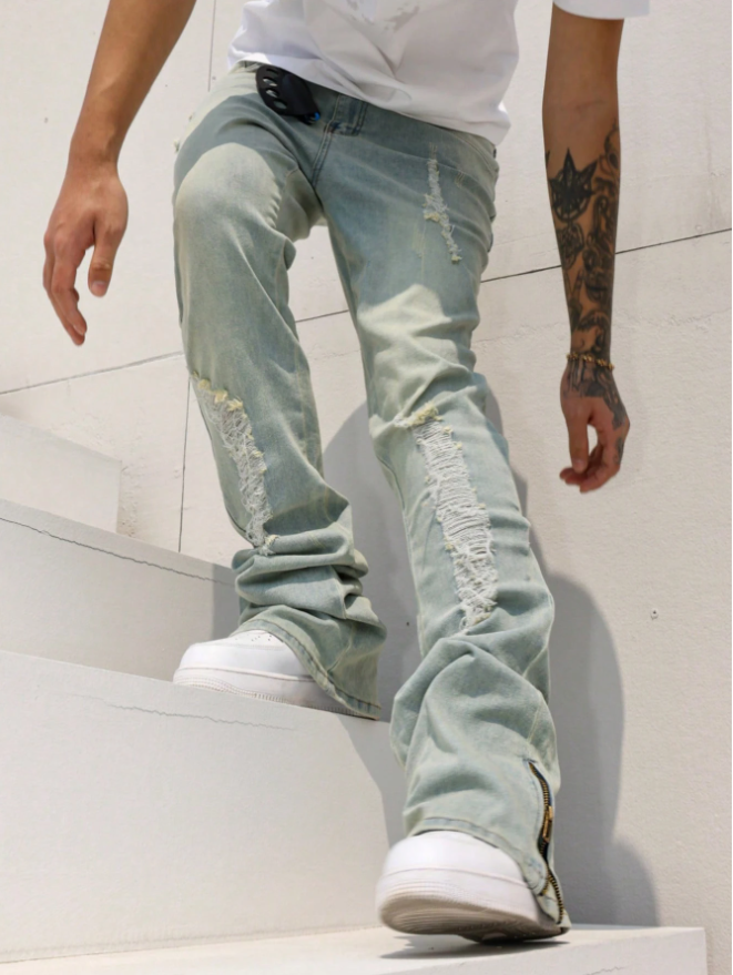 Zip-Hem Stacked Men's Flare Jeans — Light Wash Distressed Denim, view 5