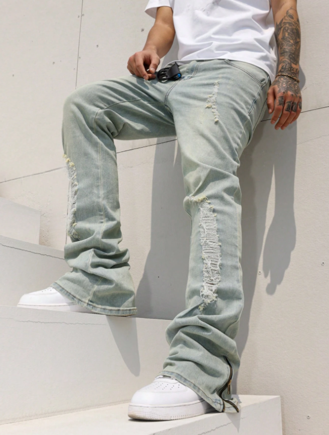 Zip-Hem Stacked Men's Flare Jeans — Light Wash Distressed Denim, view 3