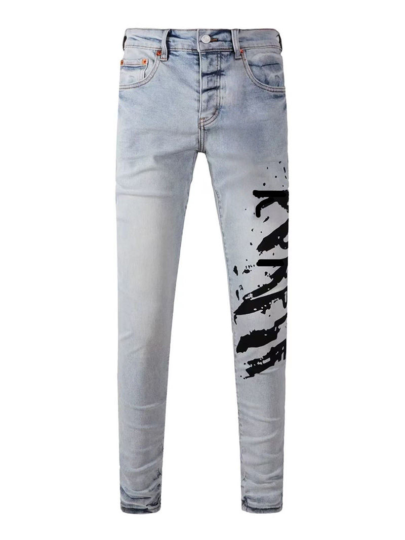 Ice Wash Slim Straight Jeans — Black Ink Graffiti Leg Print, view 2