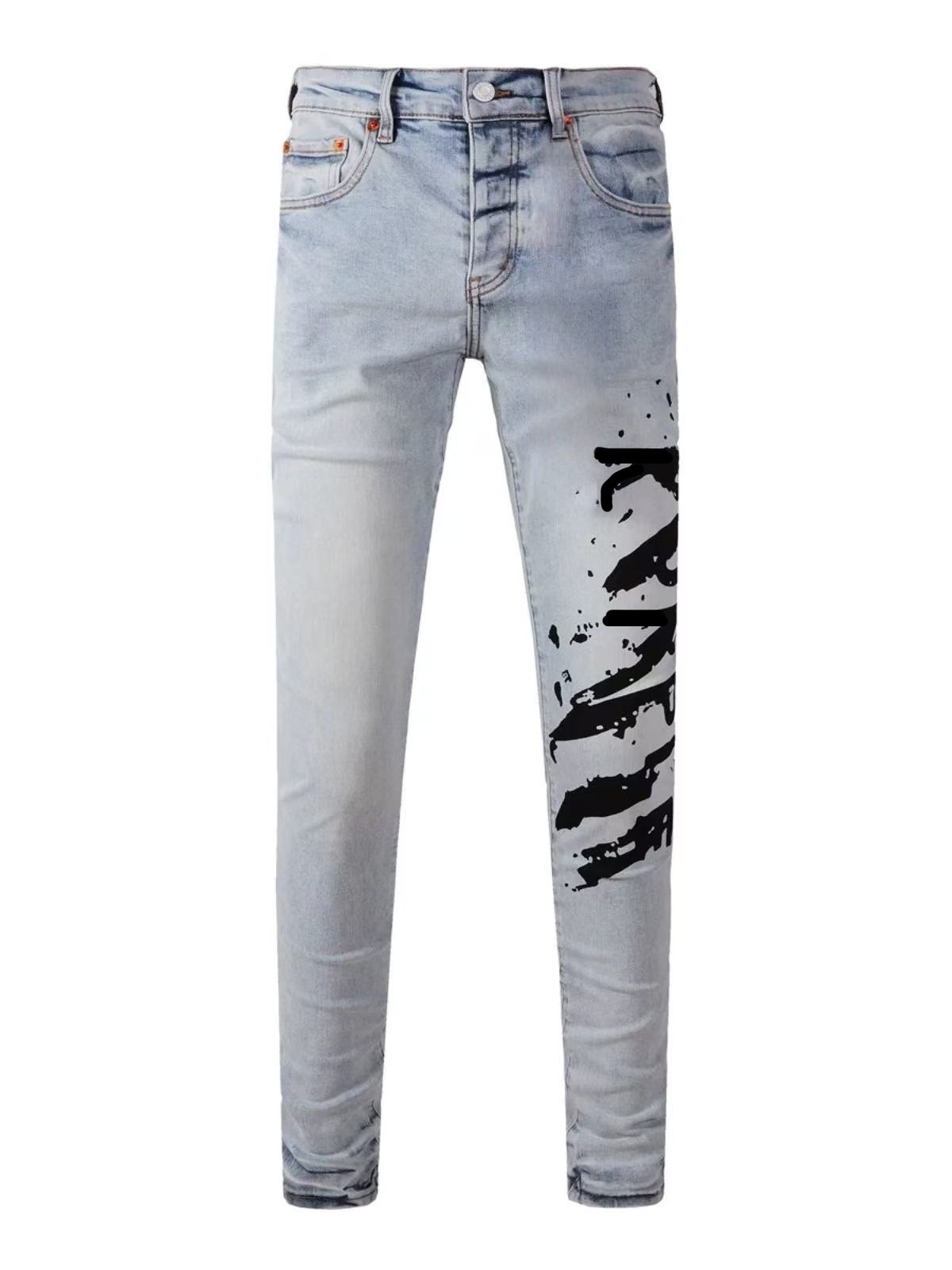 Ice Wash Slim Straight Jeans — Black Ink Graffiti Leg Print, view 4