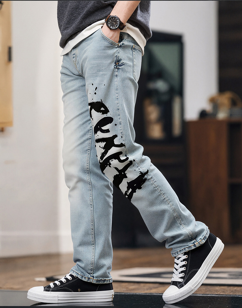 Ice Wash Slim Straight Jeans — Black Ink Graffiti Leg Print, view 5