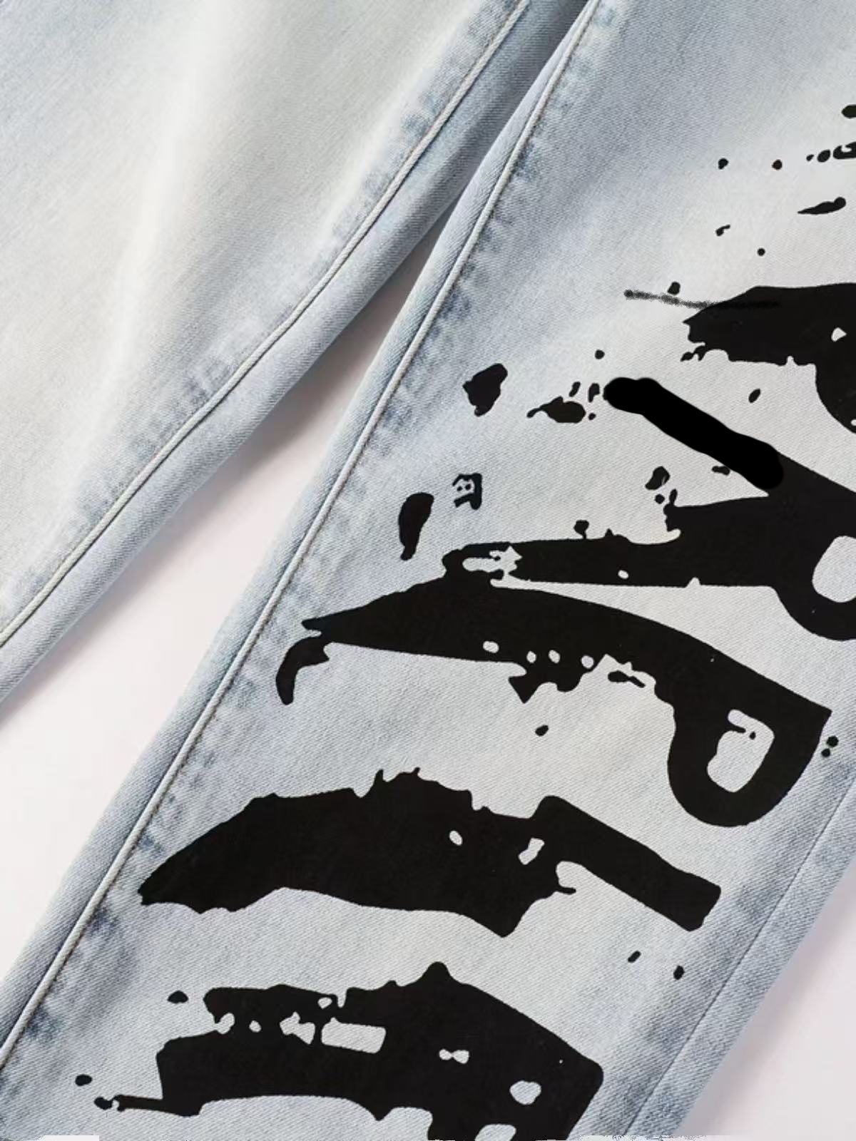 Ice Wash Slim Straight Jeans — Black Ink Graffiti Leg Print, view 6