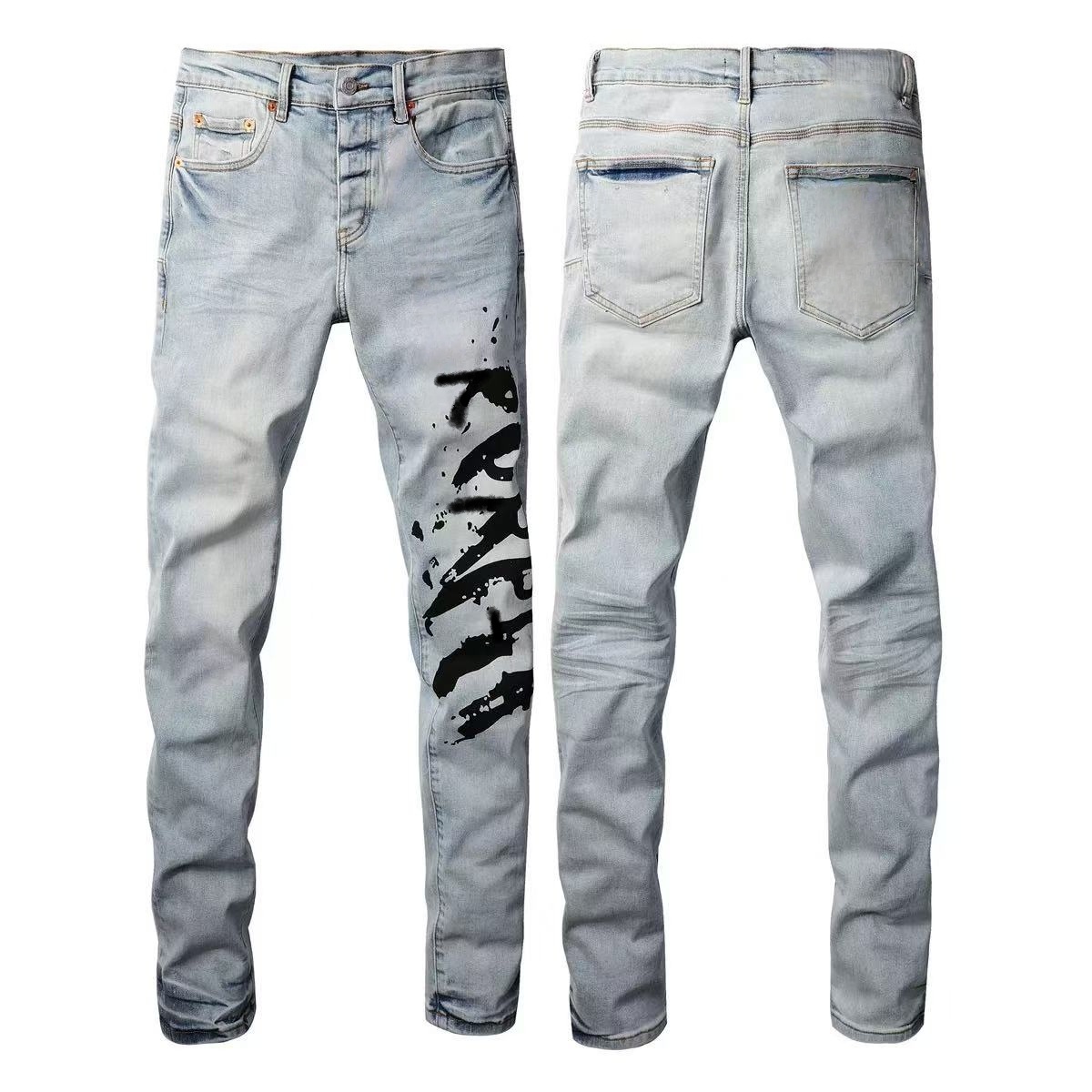 Ice Wash Slim Straight Jeans — Black Ink Graffiti Leg Print