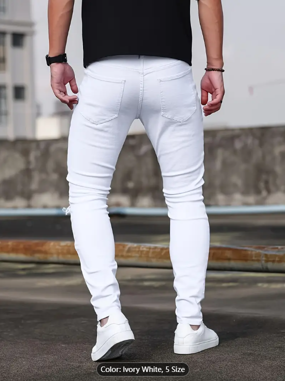 Men's Ivory White Ripped Skinny Stretch Jeans — Biker Knee Panels, view 3