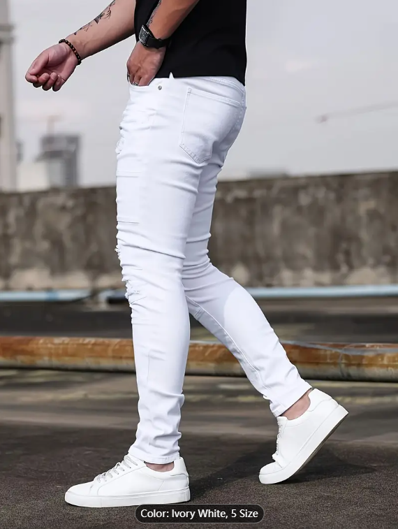 Men's Ivory White Ripped Skinny Stretch Jeans — Biker Knee Panels, view 4