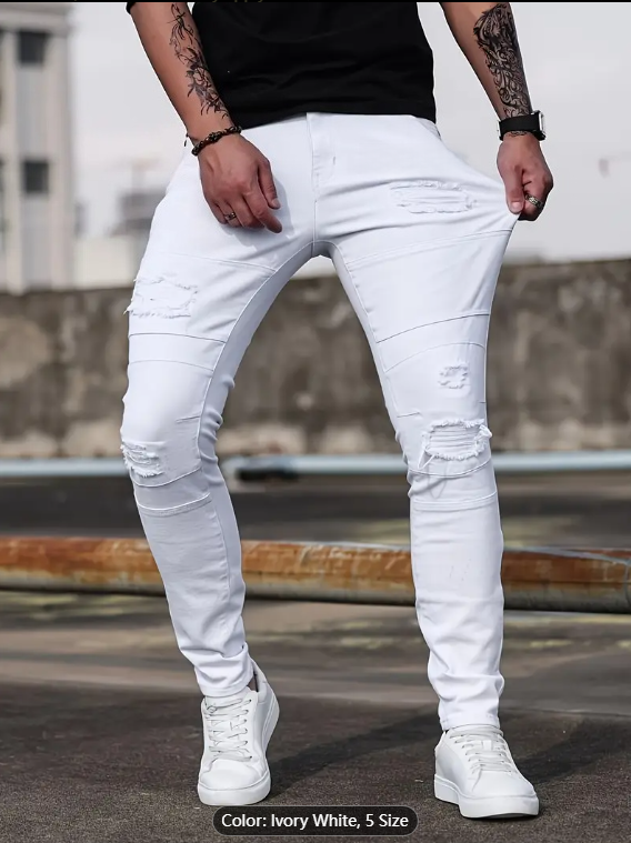 Men's Ivory White Ripped Skinny Stretch Jeans — Biker Knee Panels, view 5