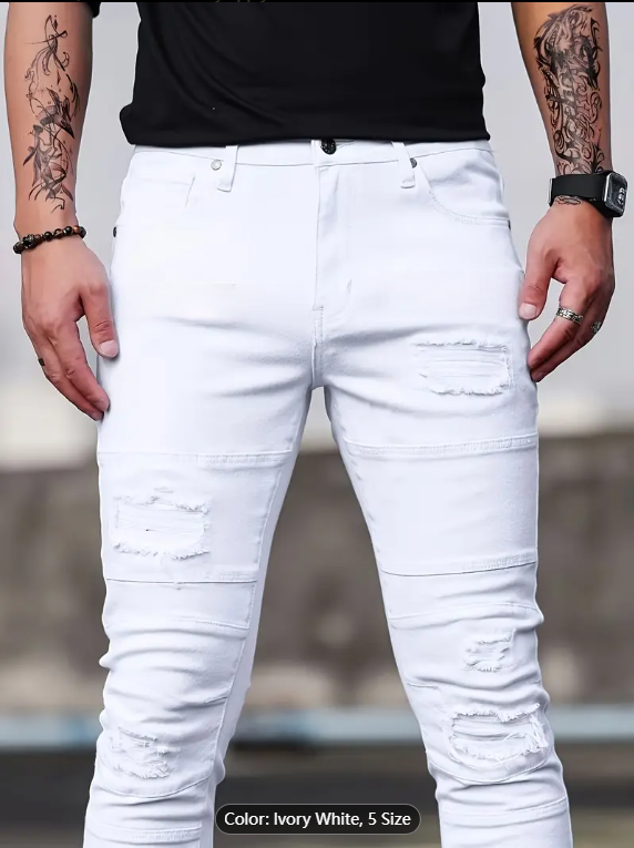 Men's Ivory White Ripped Skinny Stretch Jeans — Biker Knee Panels, view 6