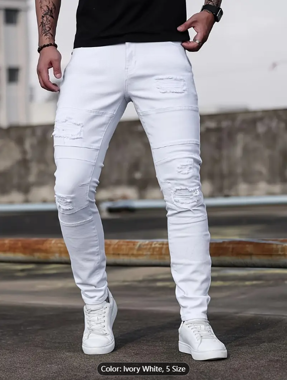 Men's Ivory White Ripped Skinny Stretch Jeans — Biker Knee Panels, view 2
