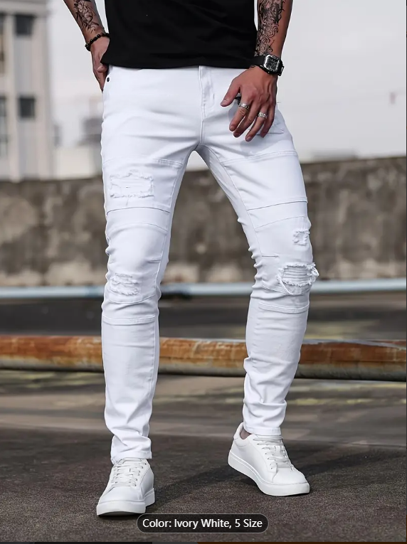 Men's Ivory White Ripped Skinny Stretch Jeans — Biker Knee Panels