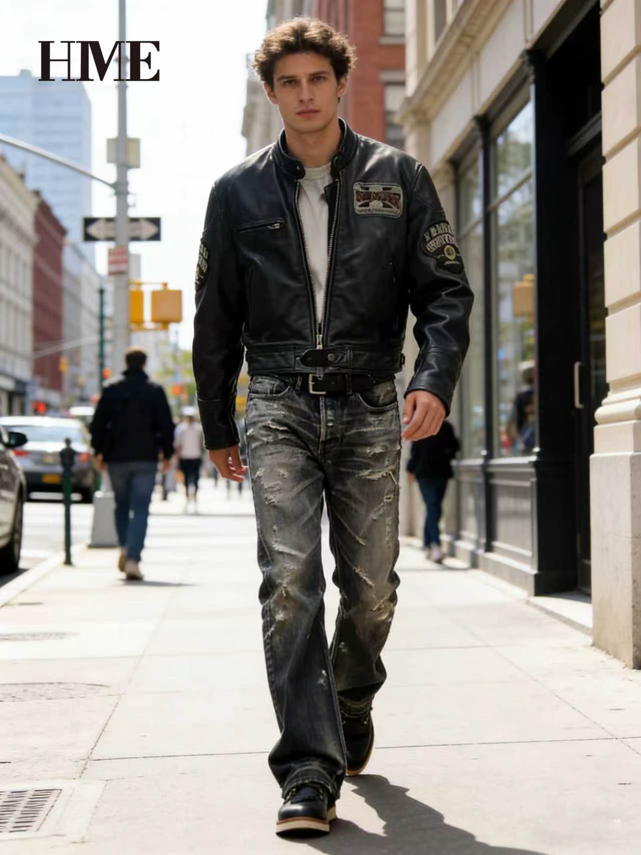 Men's Distressed Jeans — Shredded Straight-Leg Biker Denim, view 2