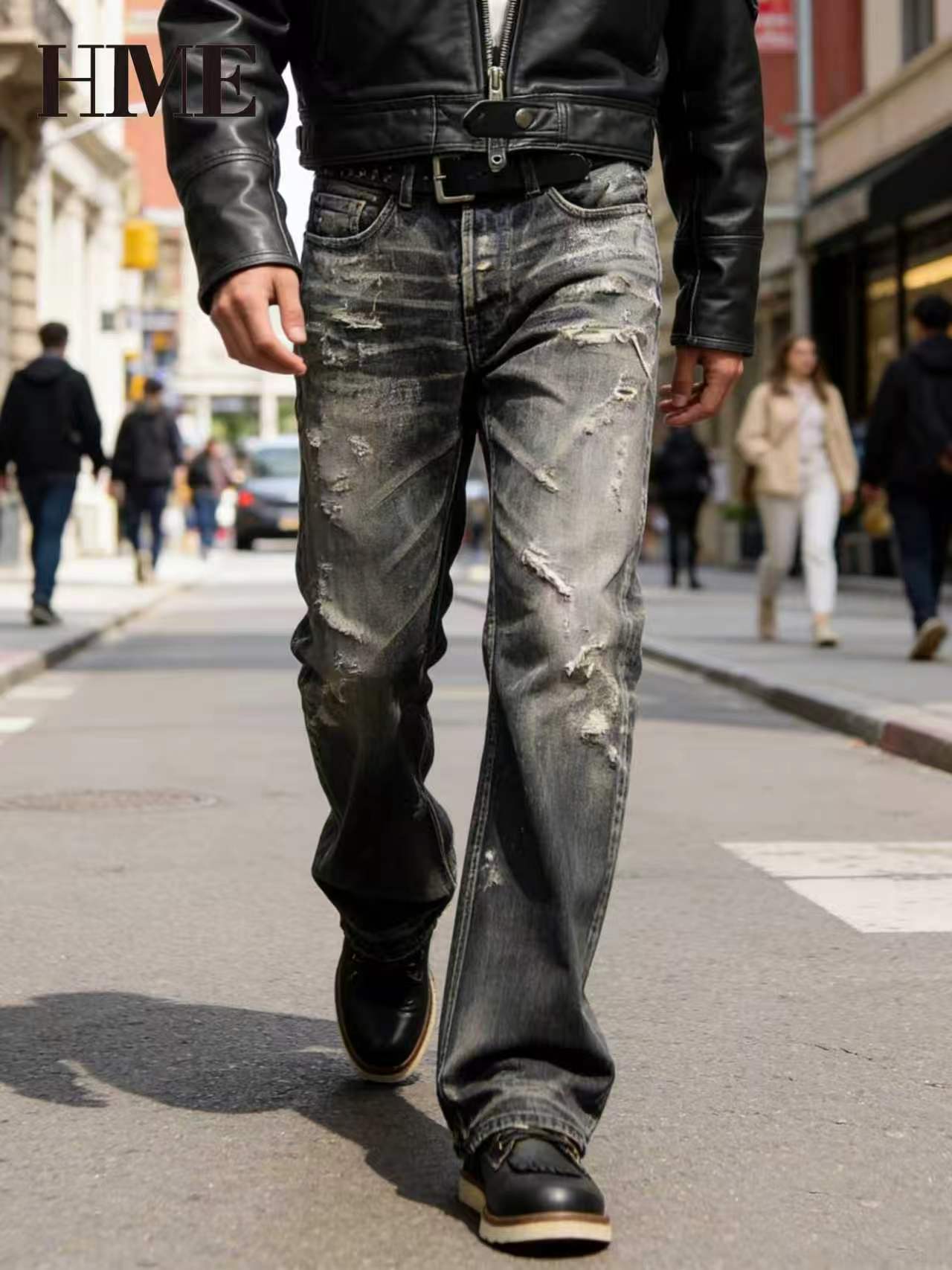 Men's Distressed Jeans — Shredded Straight-Leg Biker Denim
