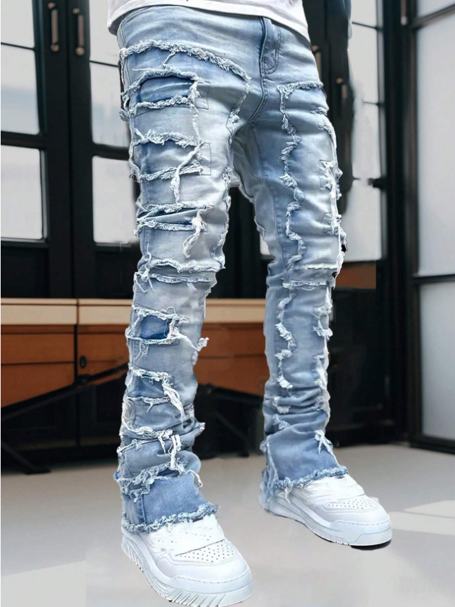 Men's Stacked Frayed Patchwork Jeans in Light Wash Stretch Denim, view 3