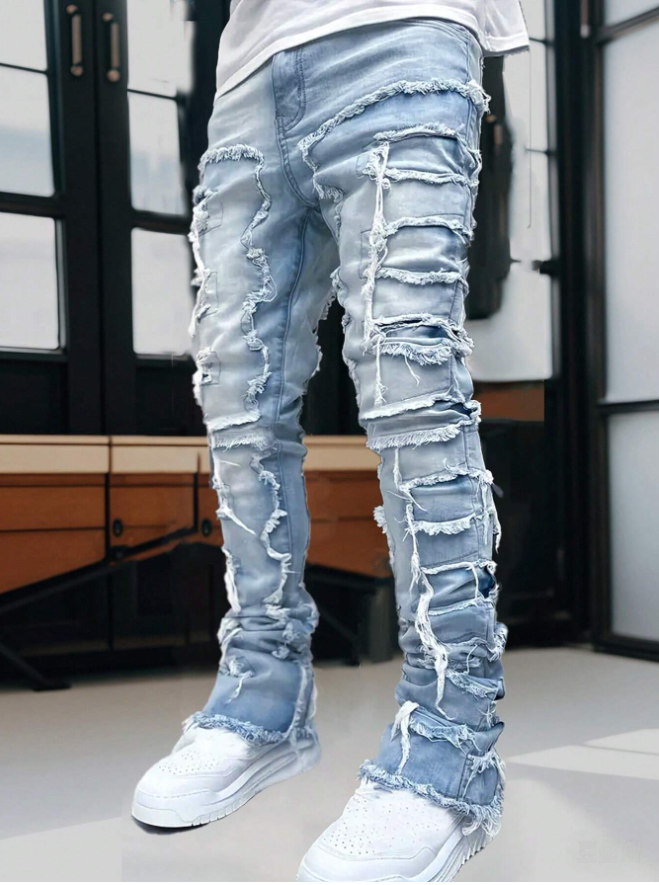 Men's Stacked Frayed Patchwork Jeans in Light Wash Stretch Denim