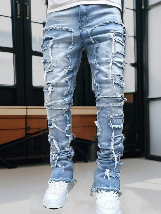 Men's Stacked Frayed Patchwork Jeans in Light Wash Stretch Denim, view 4