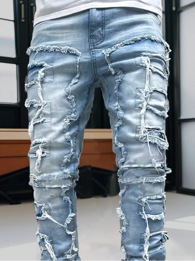 Men's Stacked Frayed Patchwork Jeans in Light Wash Stretch Denim, view 5