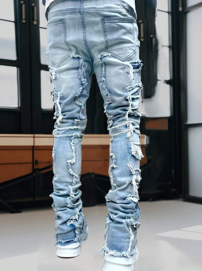 Men's Stacked Frayed Patchwork Jeans in Light Wash Stretch Denim, view 2