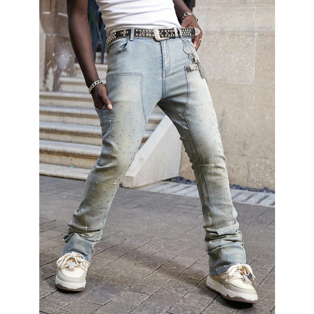 Men's Stacked Jeans With Rhinestones — Sand-Faded Stretch Denim, view 3