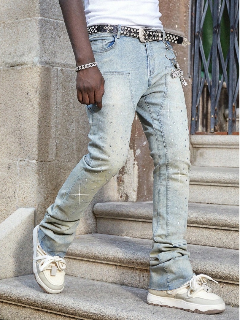 Men's Stacked Jeans With Rhinestones — Sand-Faded Stretch Denim, view 4
