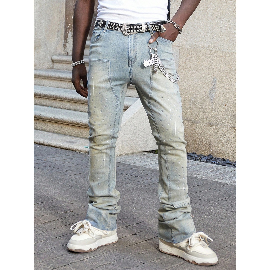Men's Stacked Jeans With Rhinestones — Sand-Faded Stretch Denim