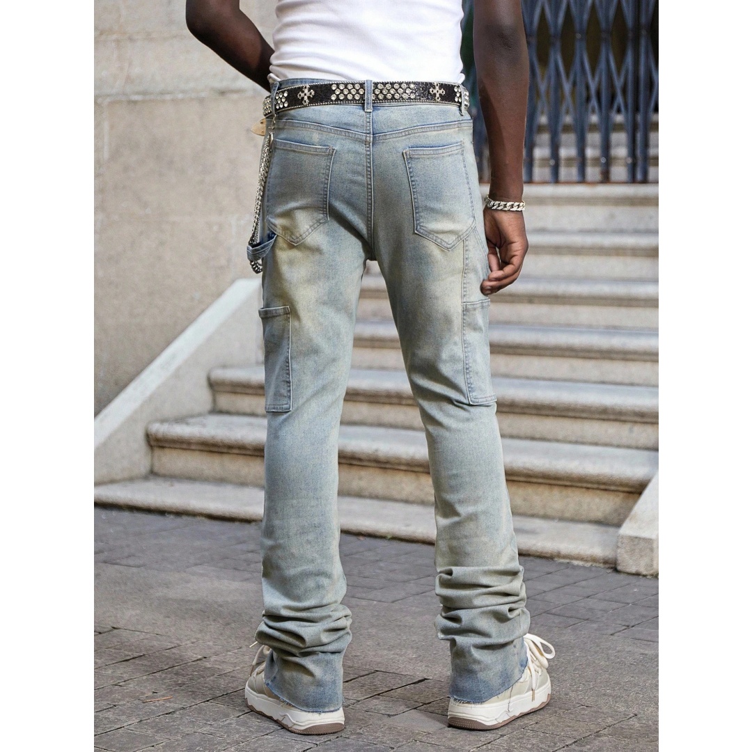 Men's Stacked Jeans With Rhinestones — Sand-Faded Stretch Denim, view 5