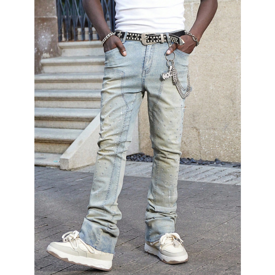 Men's Stacked Jeans With Rhinestones — Sand-Faded Stretch Denim, view 6