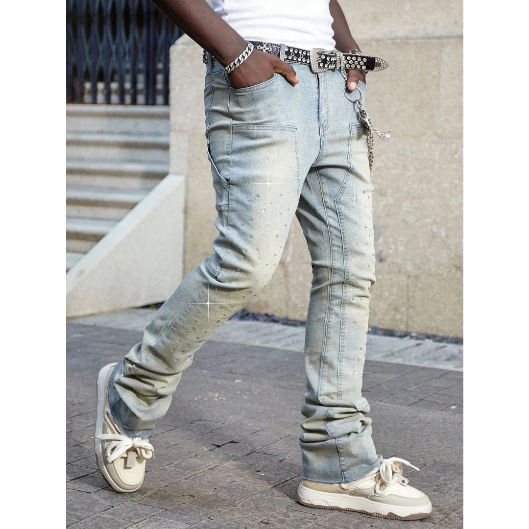 Men's Stacked Jeans With Rhinestones — Sand-Faded Stretch Denim, view 2