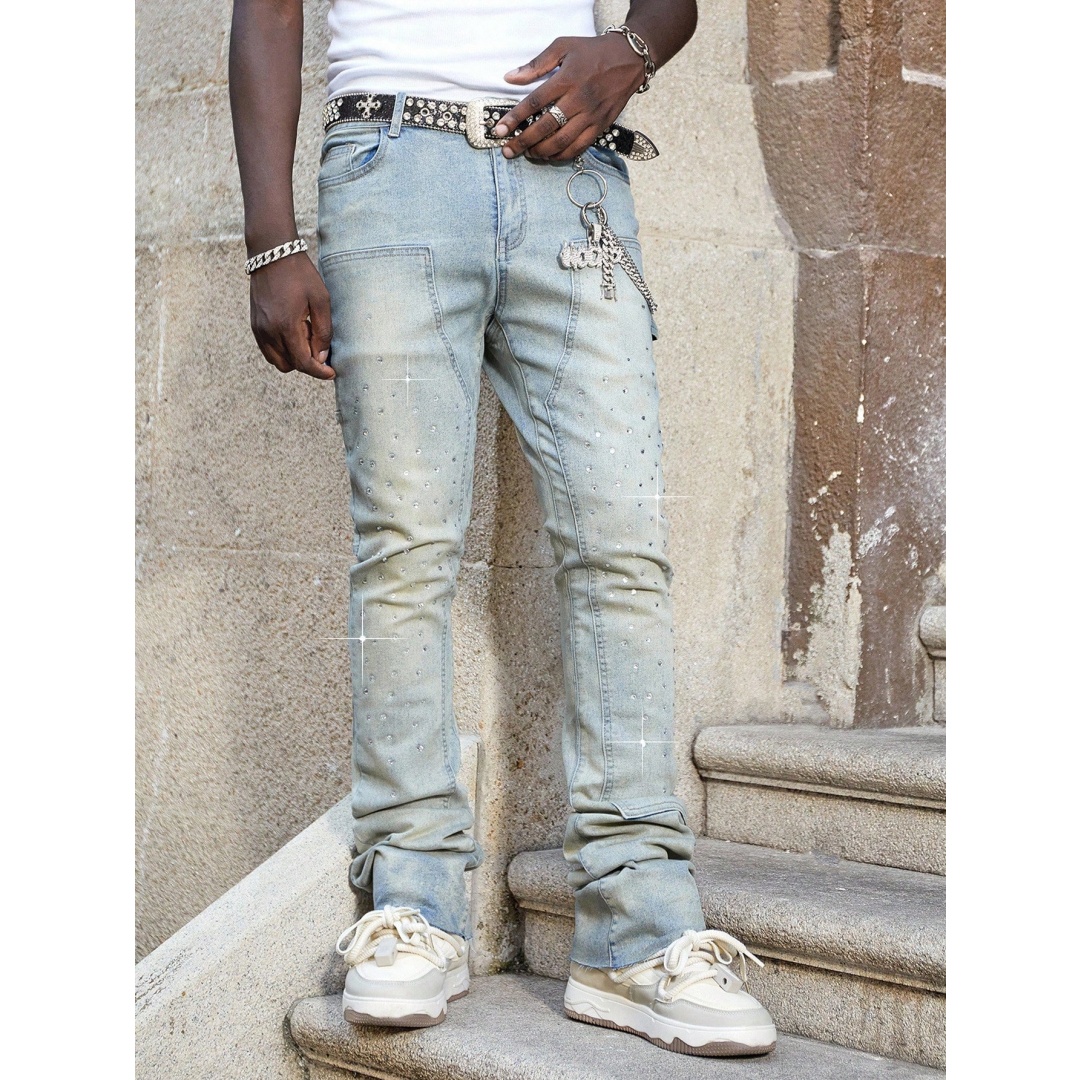 Men's Stacked Jeans With Rhinestones — Sand-Faded Stretch Denim, view 7