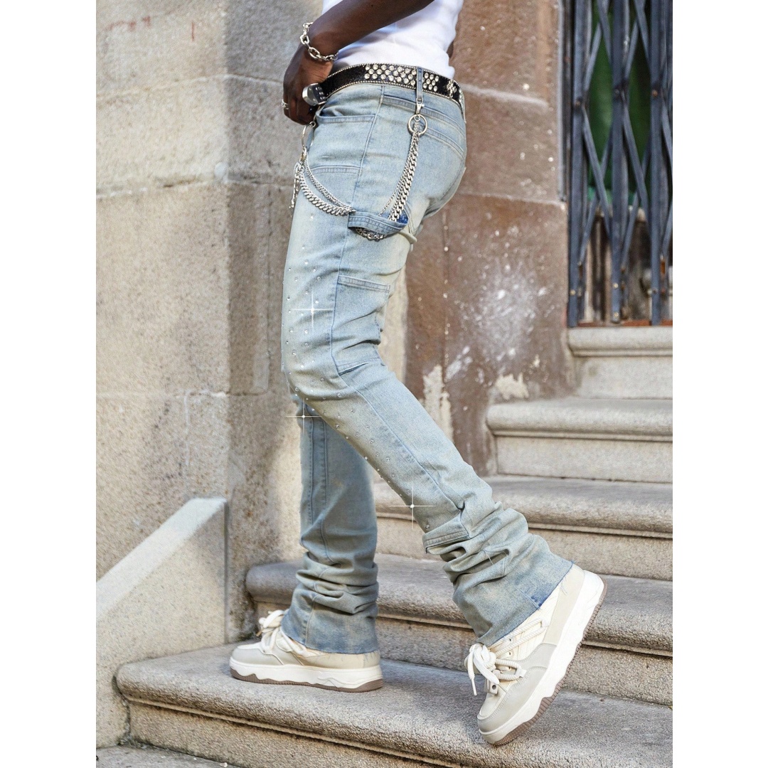Men's Stacked Jeans With Rhinestones — Sand-Faded Stretch Denim, view 8