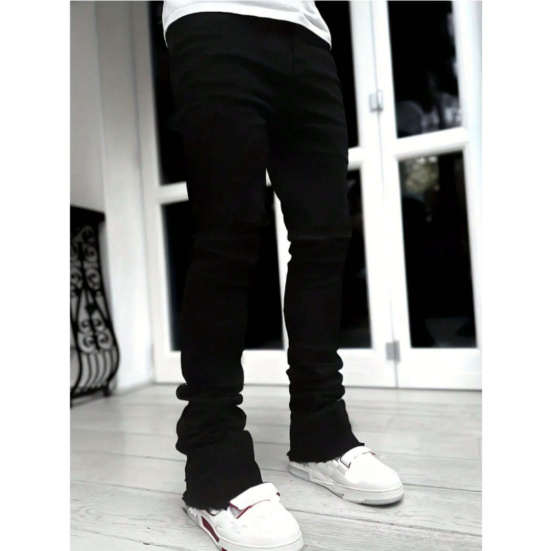 Men's Black Stacked Jeans — Slim Straight Leg, Raw Frayed Hem, view 2