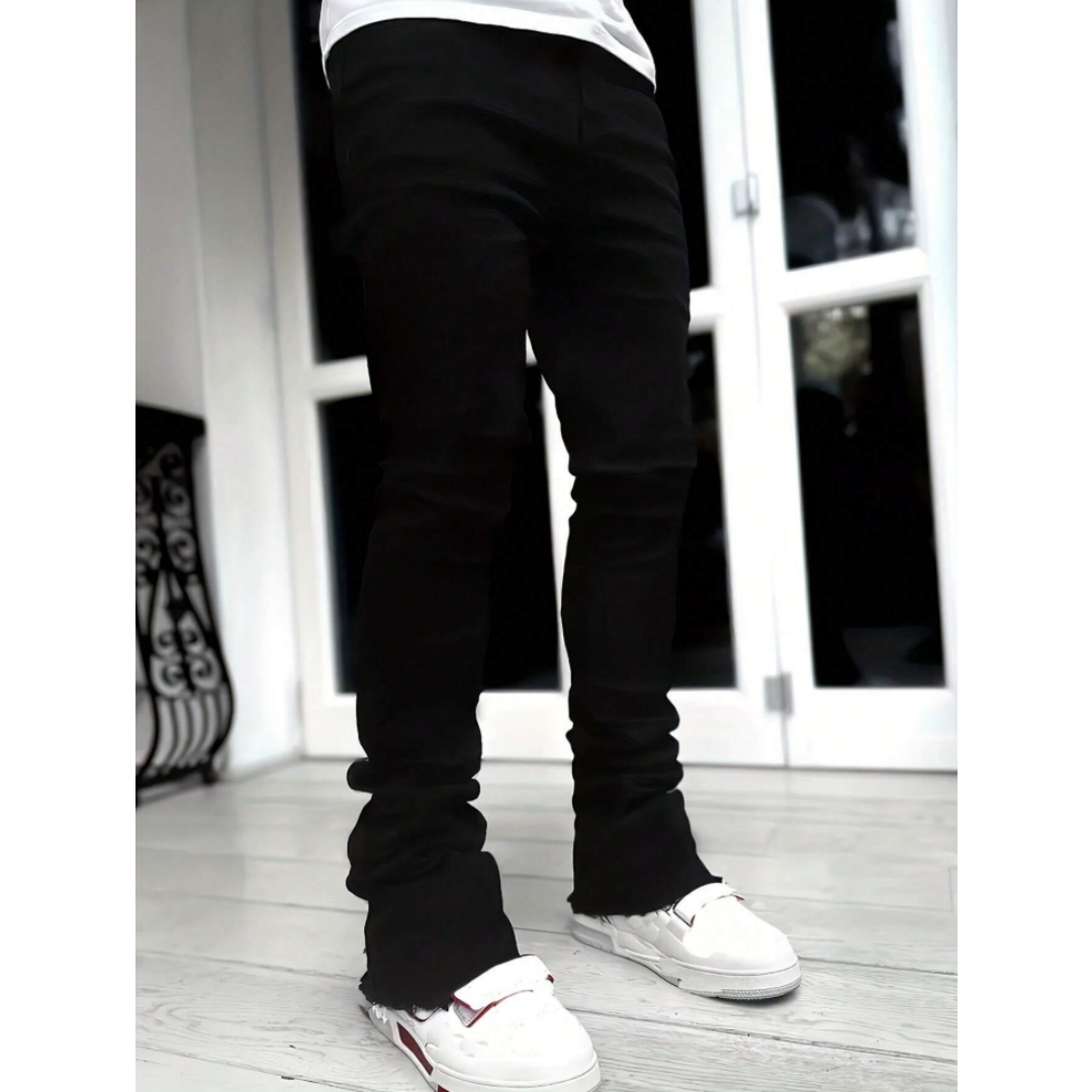 Men's Black Stacked Jeans — Slim Straight Leg, Raw Frayed Hem, view 3